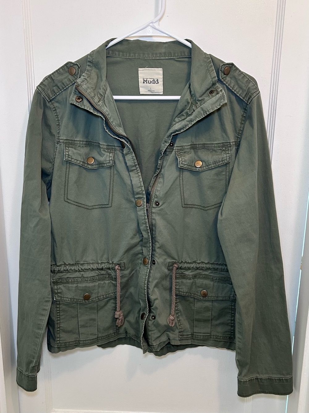 Mudd Green Military Utility Jacket Collared Button Front W/ Pockets Womens L